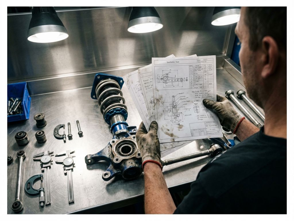 Automotive engineer reviewing vehicle specification documents while examining disassembled car suspension components on workshop table.