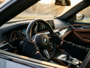 Driver's hands on BMW leather steering wheel with dashboard controls and carbon fiber accents in luxury car interior