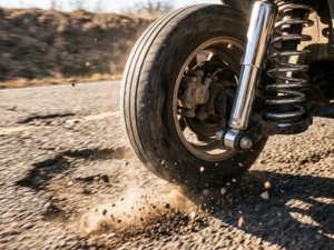 Car wheel and suspension system bouncing over pothole with tire airborne, chrome shock absorber visible, dust flying.