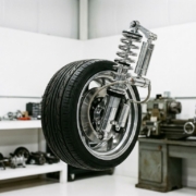 Car wheel and tire suspended by chrome shock absorber and spring system against white automotive workshop background