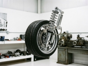 Car wheel and tire suspended by chrome shock absorber and spring system against white automotive workshop background
