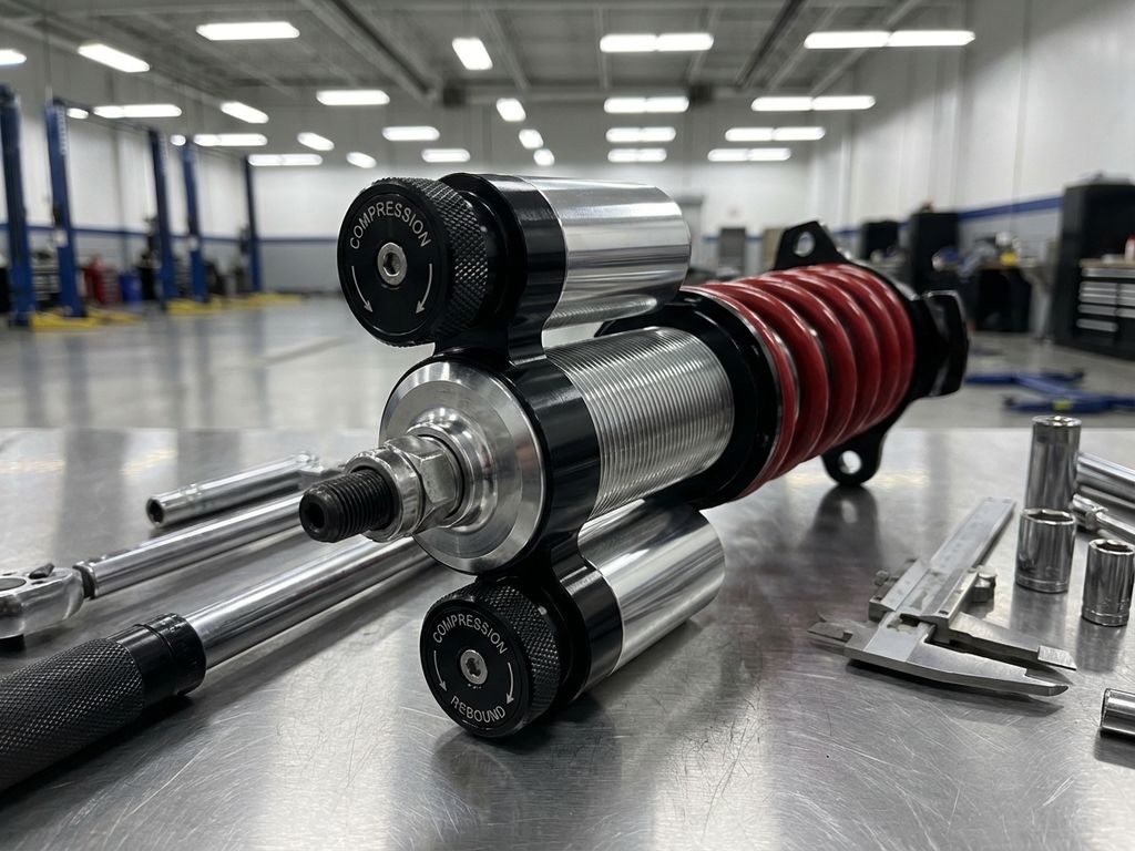 Adjustable coilover suspension component with top and bottom adjustment knobs on automotive garage workbench with tools