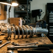 Coilover suspension assembly on workbench with gleaming metal spring coils and chrome shock absorber in automotive workshop