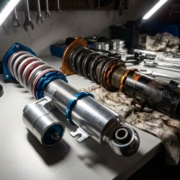 Premium polished aluminum coilover suspension component next to worn budget unit on automotive workbench showing quality differences
