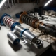 Premium polished aluminum coilover suspension component next to worn budget unit on automotive workbench showing quality differences