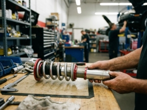 Mechanic inspecting coilover suspension component on workbench, showing detailed spring coils and machined damper assembly