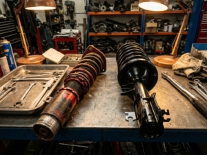 Worn coilover suspension unit and new factory strut assembly on mechanic's workbench with precision tools nearby