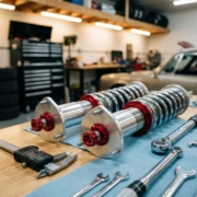 High-performance coilovers with chrome springs and red adjustment knobs on garage workbench with precision tools nearby