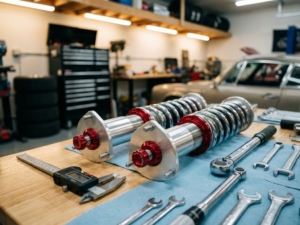 High-performance coilovers with chrome springs and red adjustment knobs on garage workbench with precision tools nearby