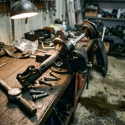 Damaged car suspension strut with visible wear on mechanic's workbench, scattered mounting bolts and torque wrench nearby
