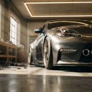 Lowered sports car with extreme stance in modern garage, chrome exhaust and metallic paint reflecting LED lighting.
