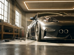 Lowered sports car with extreme stance in modern garage, chrome exhaust and metallic paint reflecting LED lighting.