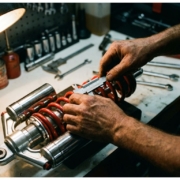 Mechanic adjusting chrome shock absorber and coil spring with precision tools on workbench in garage lighting