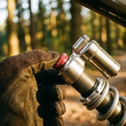 Cyclist's gloved hand adjusting mountain bike shock absorber dial with chrome details in golden sunlight on forest trail