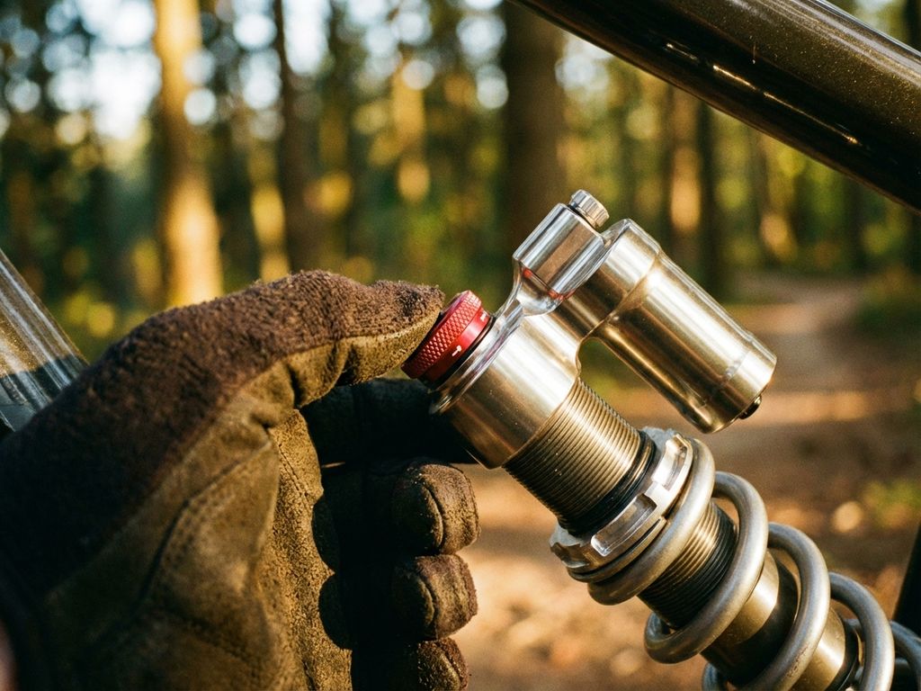 Cyclist's gloved hand adjusting mountain bike shock absorber dial with chrome details in golden sunlight on forest trail