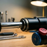 Mountain bike shock absorber with chrome piston rod and black aluminum body, oil droplets visible on machined surface