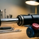 Mountain bike shock absorber with chrome piston rod and black aluminum body, oil droplets visible on machined surface