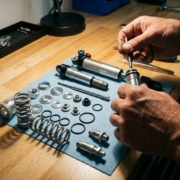 Mountain bike shock absorber being disassembled on workbench with springs and valves organized, mechanic's hands holding rebuild tool
