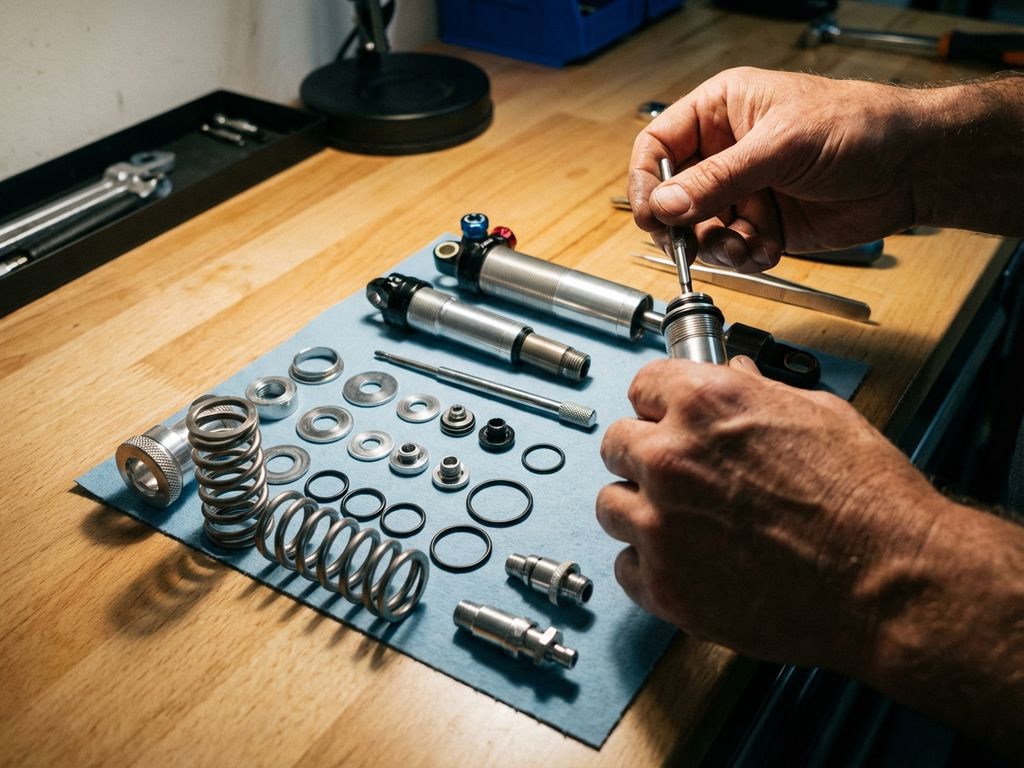 Mountain bike shock absorber being disassembled on workbench with springs and valves organized, mechanic's hands holding rebuild tool