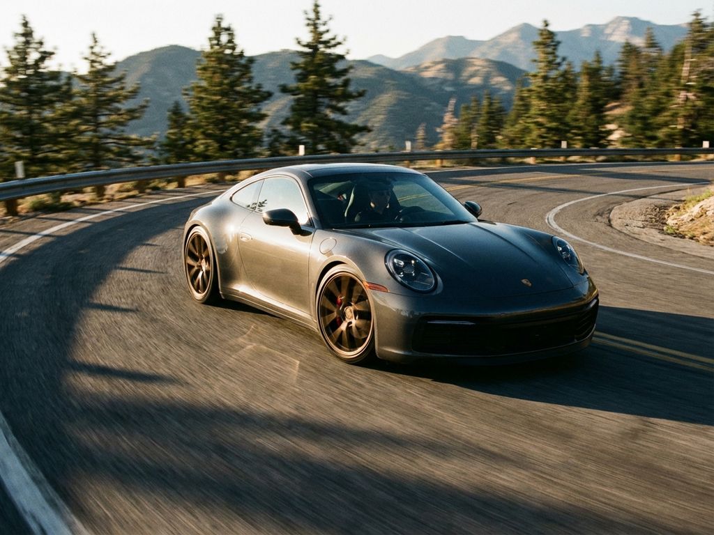 Porsche 911 cornering on mountain road with lowered suspension and performance modifications during golden hour