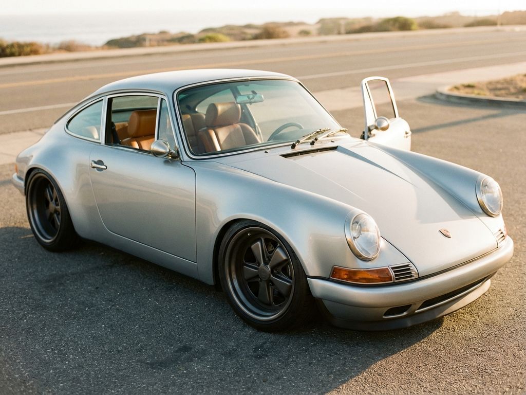 Silver Porsche 911 with lowered stance parked on asphalt, premium leather interior visible through open door, golden hour lighting