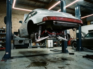Silver Porsche 911 on hydraulic lift in garage showing exposed suspension components and upgraded parts