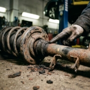 Mechanic pointing to worn shock absorber strut with damaged rubber bushing and rust debris in garage workshop