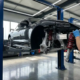 Mechanic adjusting coilover spring on car's suspension system while vehicle is lifted on hydraulic lift in garage