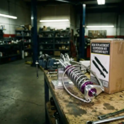 Custom-fabricated coilover suspension assembly with polished aluminum components on workbench next to boxed mass-produced kit