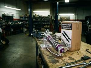Custom-fabricated coilover suspension assembly with polished aluminum components on workbench next to boxed mass-produced kit