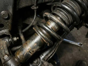 Close-up of lowered car suspension with compressed spring coil around shock absorber showing wear marks in workshop lighting.