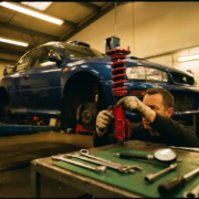 Mechanic adjusting red coilover suspension on lifted sports car in professional garage with specialized tools