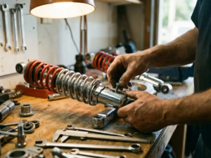 Mechanic's hands assembling custom car suspension system with chrome shock absorbers and coil springs on garage workbench