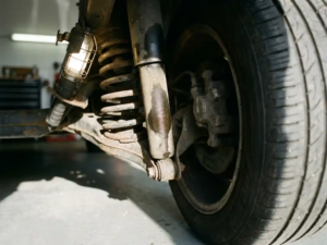 Worn car shock absorber with oil leaks and compressed spring on lowered vehicle's rear wheel suspension system