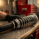 Mechanic assembling chrome coil spring and black hydraulic damper strut on workbench in professional garage workshop