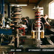 Car suspension cross-section comparing worn factory shock absorber with premium aftermarket unit in automotive workshop
