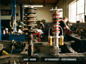 Car suspension cross-section comparing worn factory shock absorber with premium aftermarket unit in automotive workshop