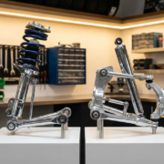 Chrome MacPherson strut and aluminum double wishbone suspension systems displayed on white stands in garage workshop
