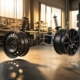 Suspended sports car wheel assembly comparing heavy steel wheel with lightweight carbon fiber wheel on high-performance suspension components in modern automotive workshop