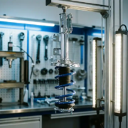 Chrome MacPherson strut assembly suspended upside-down in automotive workshop with LED lighting and professional tools in background