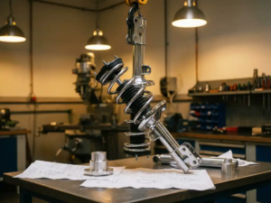 Chrome MacPherson strut assembly suspended upside-down in precision workshop, coil spring and damper catching golden light on steel workbench