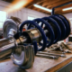 Cutaway MacPherson strut assembly showing internal spring coil and shock absorber piston on automotive workshop bench