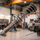 MacPherson strut suspension component with polished shock absorber and coil spring in automotive garage workshop lighting