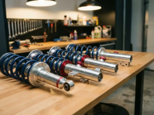 BMW M3 coilover suspension system with silver dampers and red adjustment rings on garage workbench under warm lighting
