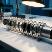 Chrome helper spring coiled around black shock absorber strut on white workbench in precision engineering workshop