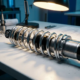 Chrome helper spring coiled around black shock absorber strut on white workbench in precision engineering workshop