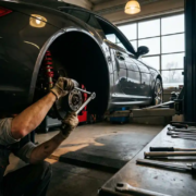 Mechanic's hands adjusting red coilover suspension components on lifted sports car in professional garage with tools nearby