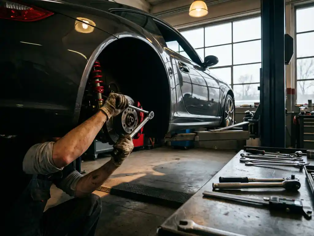 Mechanic's hands adjusting red coilover suspension components on lifted sports car in professional garage with tools nearby