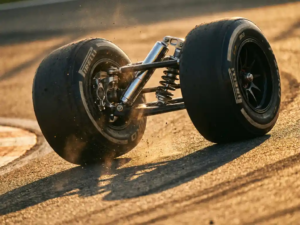 Formula 1 car's chrome rear suspension system with coil spring compressing during cornering, tire sidewall flexing against asphalt track