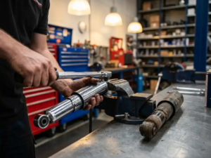 Mechanic's hands adjusting chrome shock absorber with specialized tools on workbench, worn replacement part nearby in professional automotive workshop